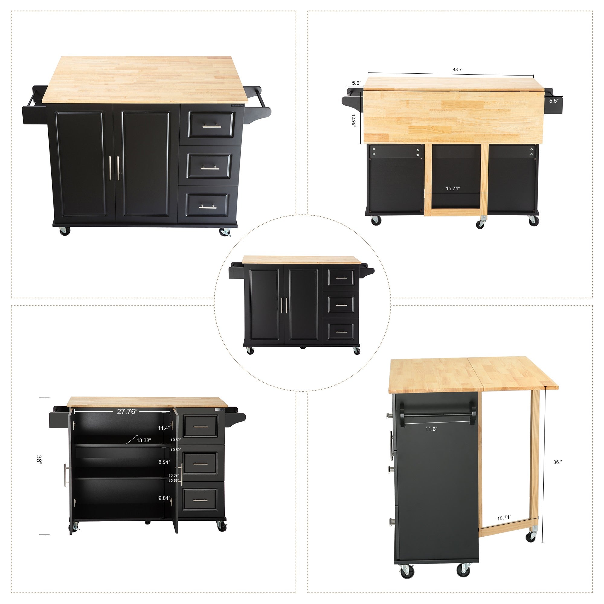 Kitchen Island & Kitchen Cart Mobile Kitehcn Island with Extensible Rubber Wood Table Top