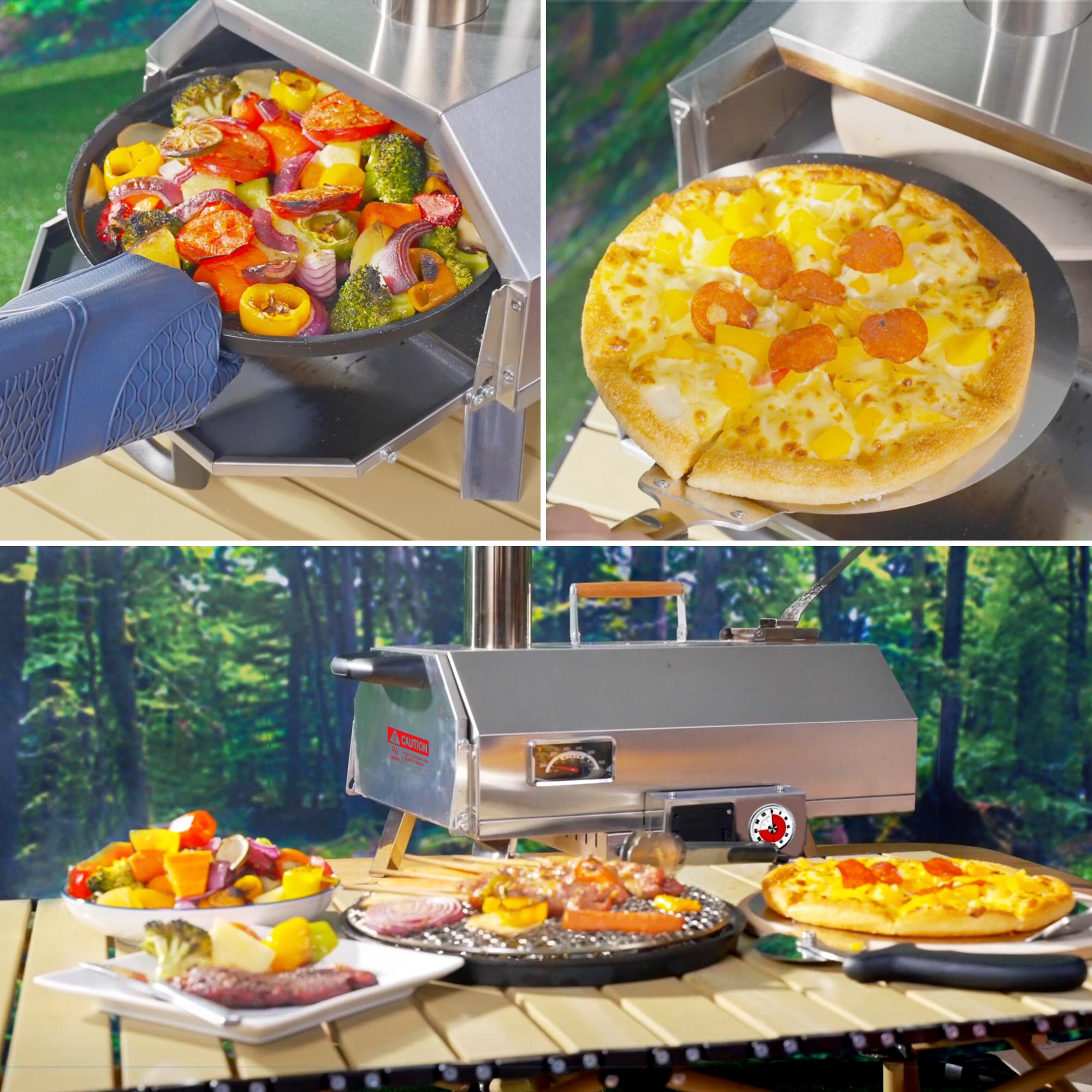 Stainless Steel Pizza Oven Outdoor 12" Automatic Rotatable Pizza Ovens Portable Wood Fired Pizza Oven Pizza Maker with Timer