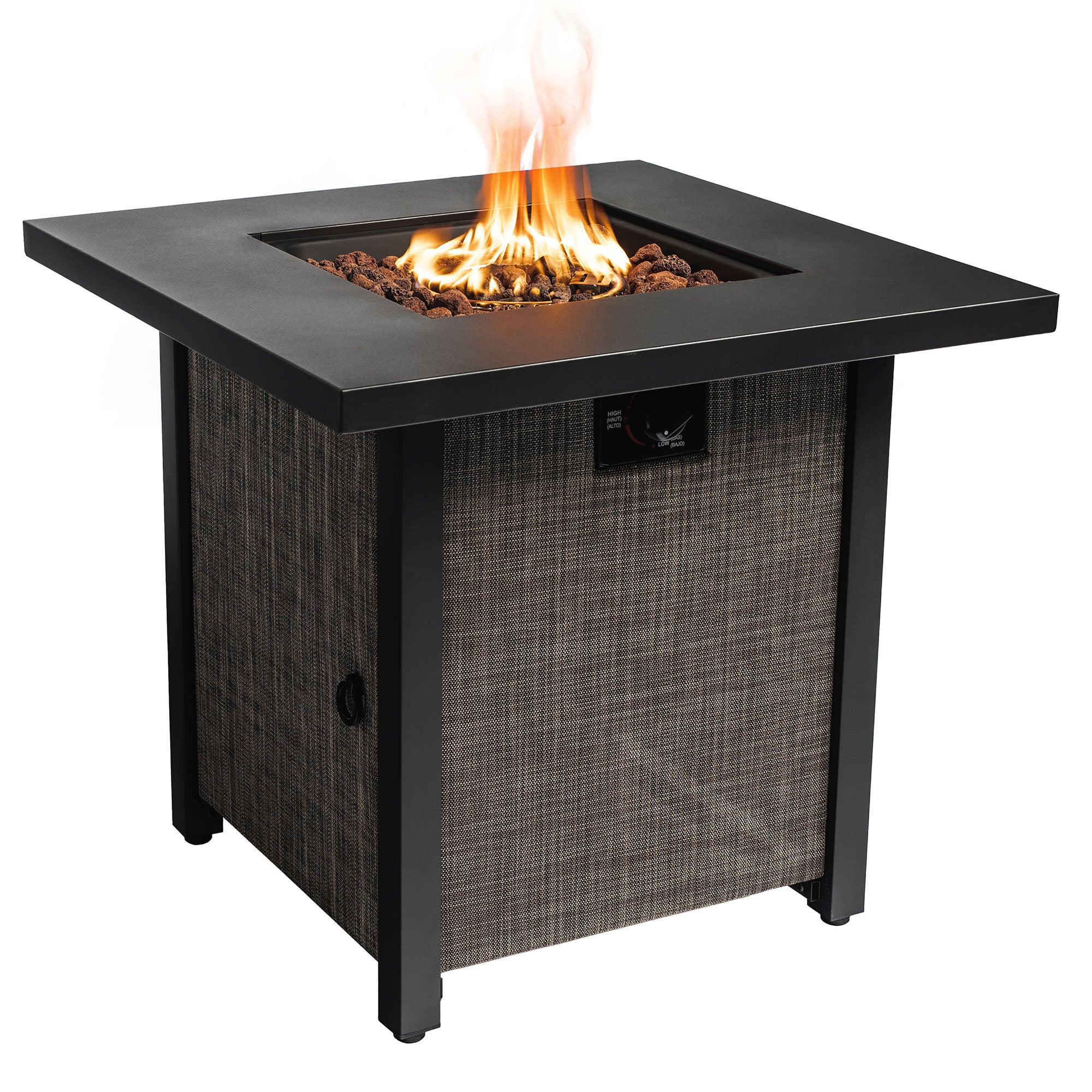 40000BTU Square Propane Fire Pit Table Steel Tabletop with Textilene Side Panel Steel Lid and Rocks