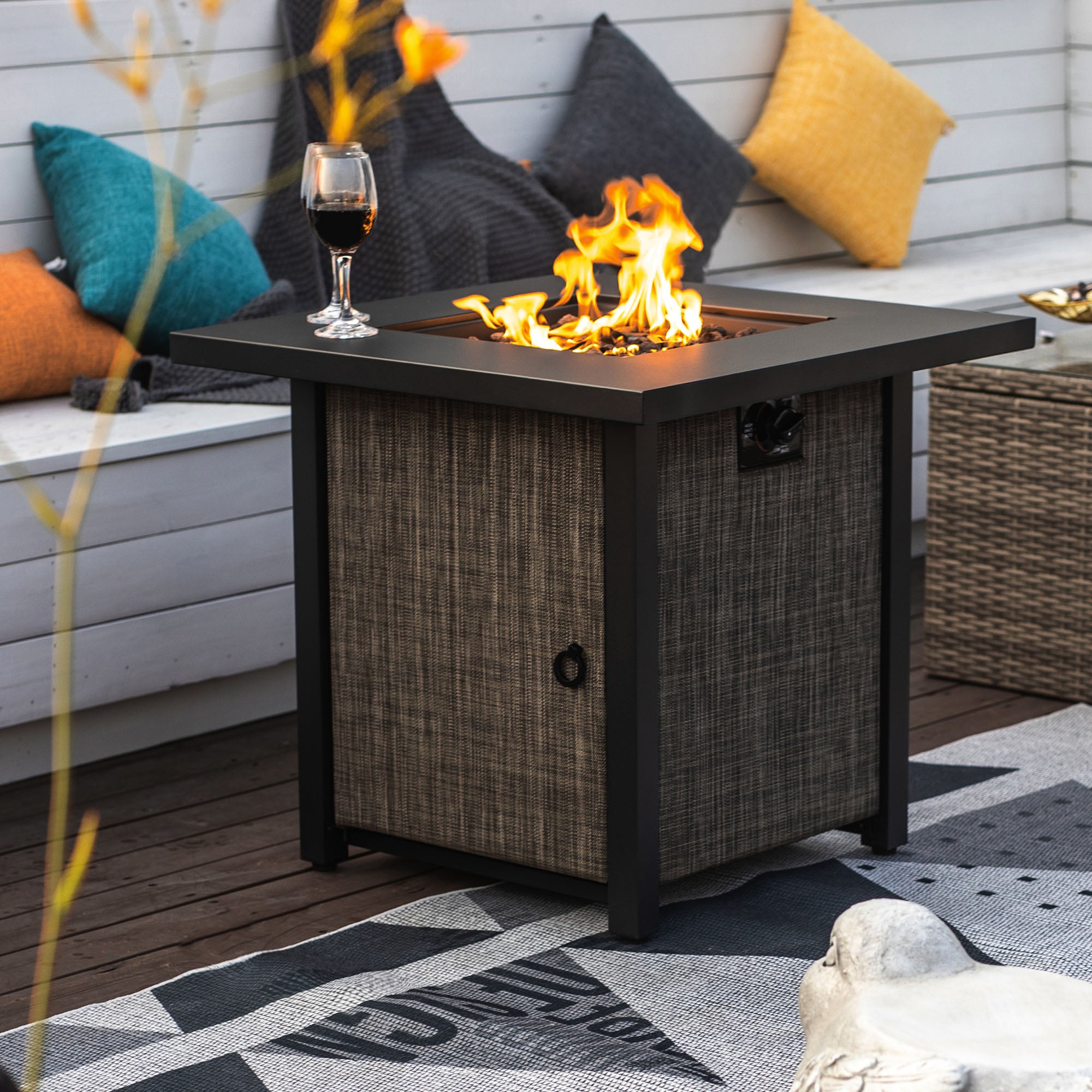 40000BTU Square Propane Fire Pit Table Steel Tabletop with Textilene Side Panel Steel Lid and Rocks