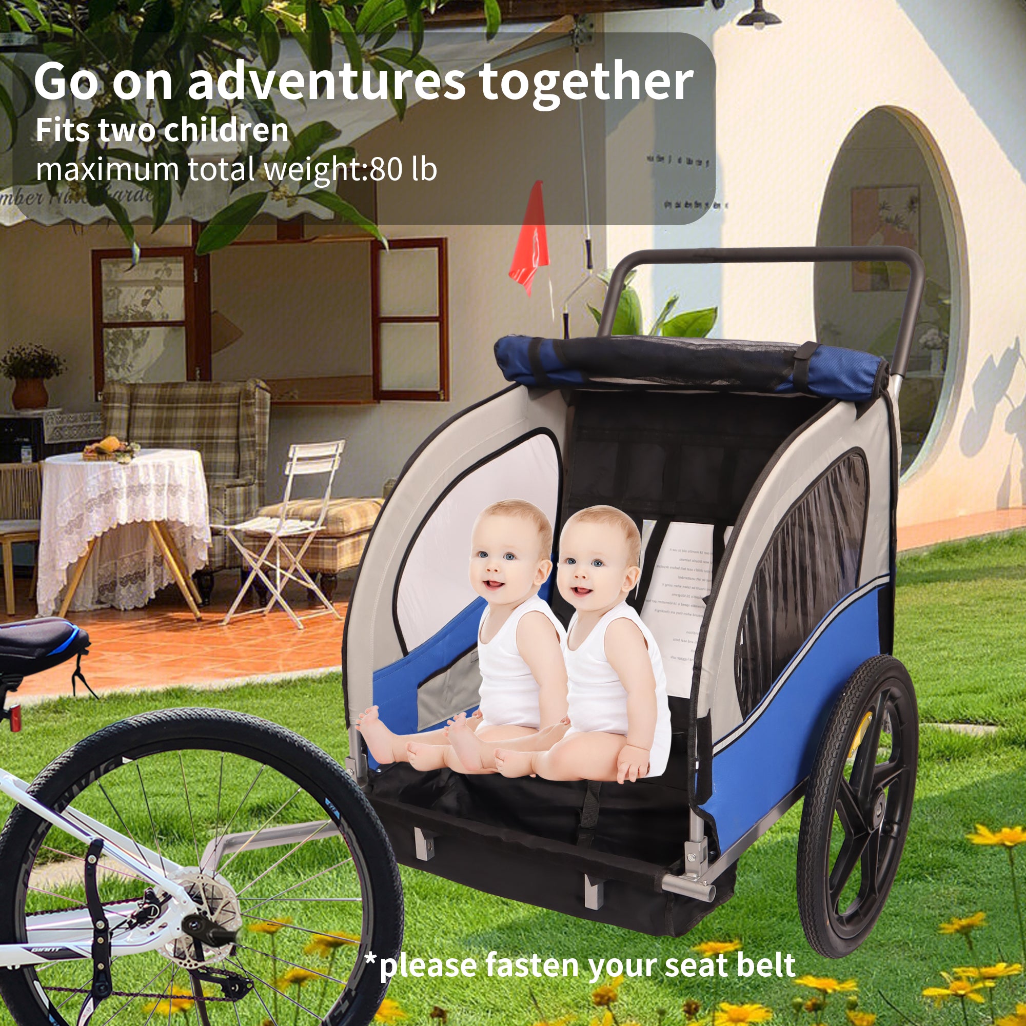 2-in-1 Double 2 Seat Bicycle Bike Trailer Jogger Stroller for Kids Children