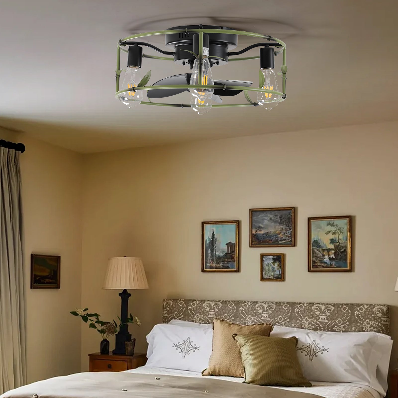 Flush Mount Ceiling Fans with Lights and Remote Control green Caged Low Profile Ceiling Fan Modern Metal Ceiling fanfor