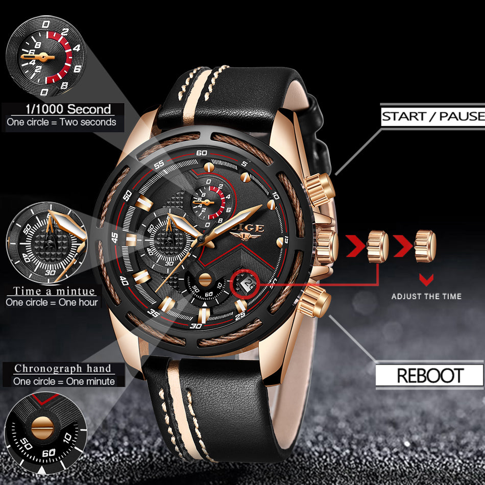 LIGE Watch Men Sport Quartz Clock Leather Mens Watches Top Brand Luxury Gold Waterproof Business Watch