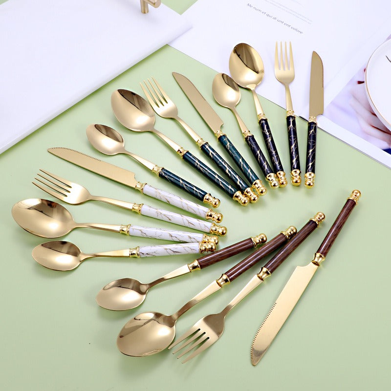 410 stainless steel knife, fork, spoon set, European style hotel Western tableware, golden dessert spoon set, 24 pieces