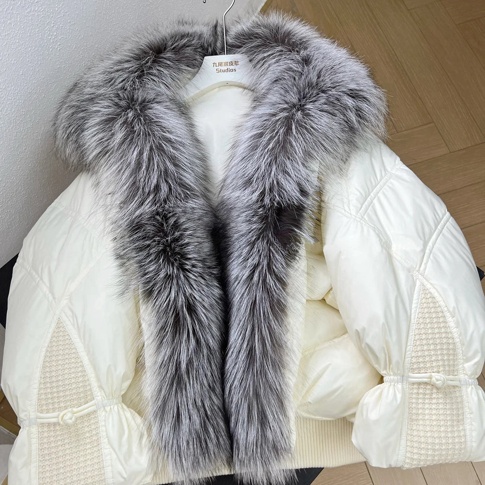 Janveny Natural Silver Fox Fur Collar Women's White Duck Down Jacket Luxury Brand Short Puffer Coat Thick Warm Female Parkas