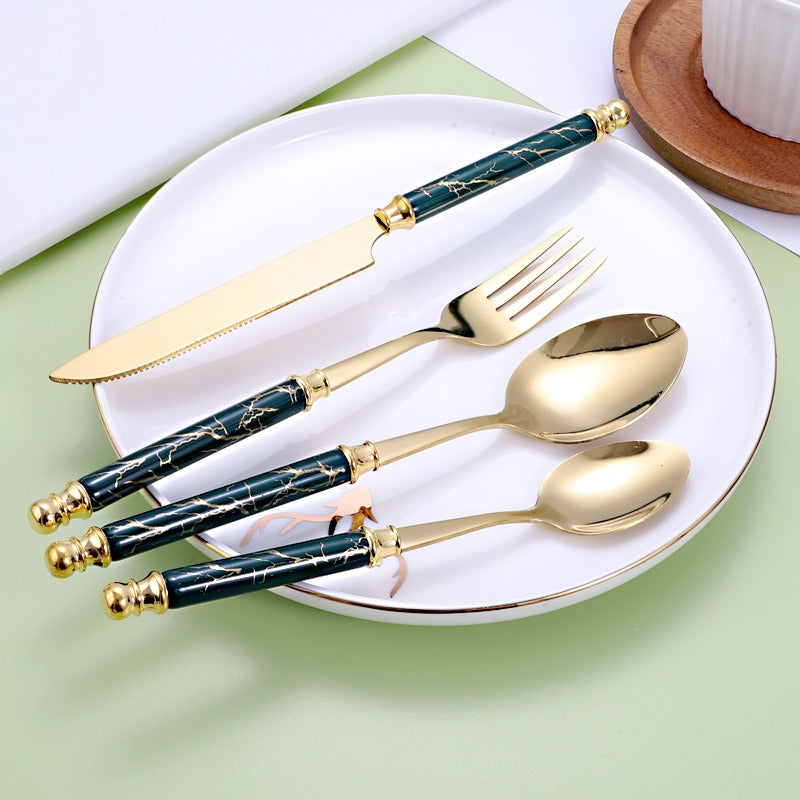 410 stainless steel knife, fork, spoon set, European style hotel Western tableware, golden dessert spoon set, 24 pieces