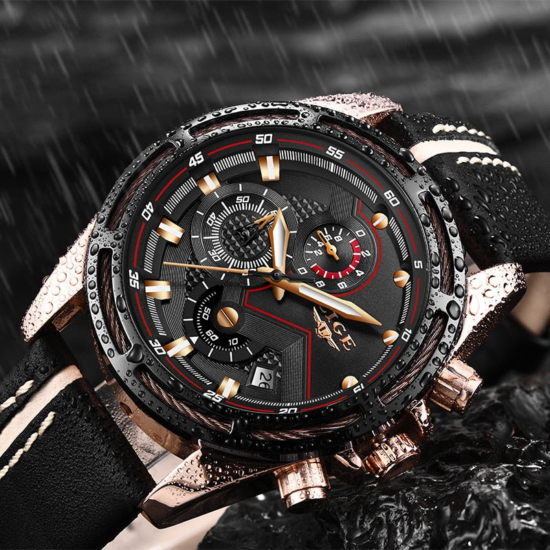 LIGE Watch Men Sport Quartz Clock Leather Mens Watches Top Brand Luxury Gold Waterproof Business Watch
