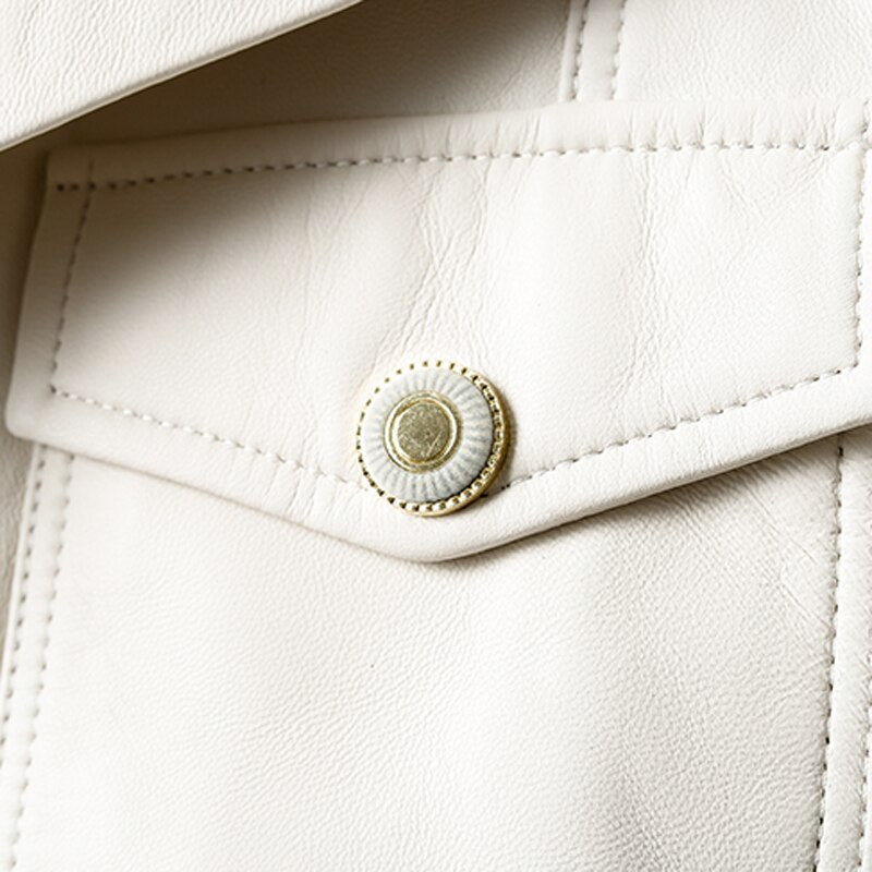 Jacket For Women New European Genuine Leather Coat Female Zipper Large Lapel Short Oversize Locotive Whtie