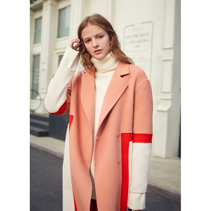 Show High Stitching Collision Color Niche Design Sense Double-Sided Wool Long Coat Female Winter